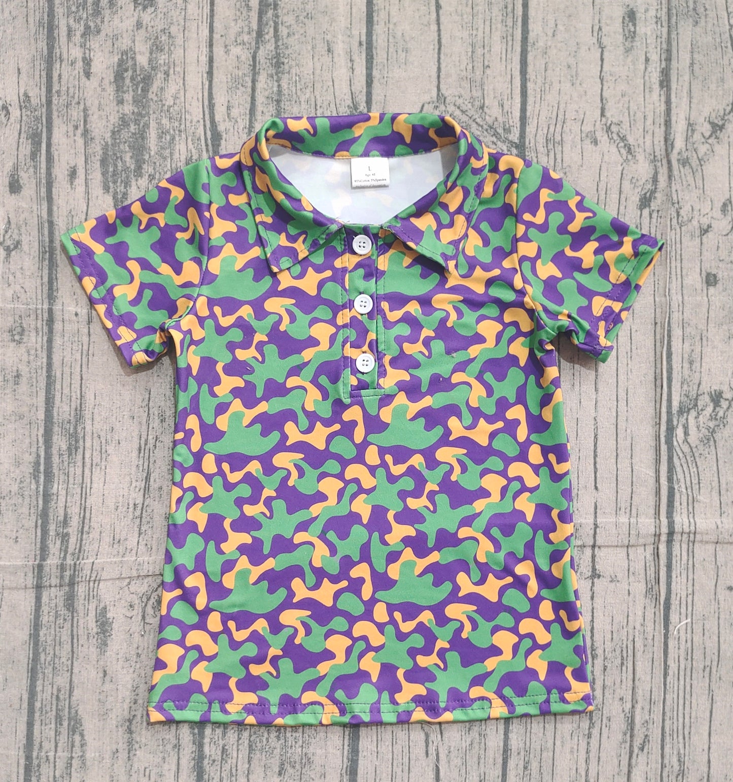11.11 BT1498 Sample No Moq Baby Boys Short Sleeve Mardigras Camo Button Polo Shirts Top