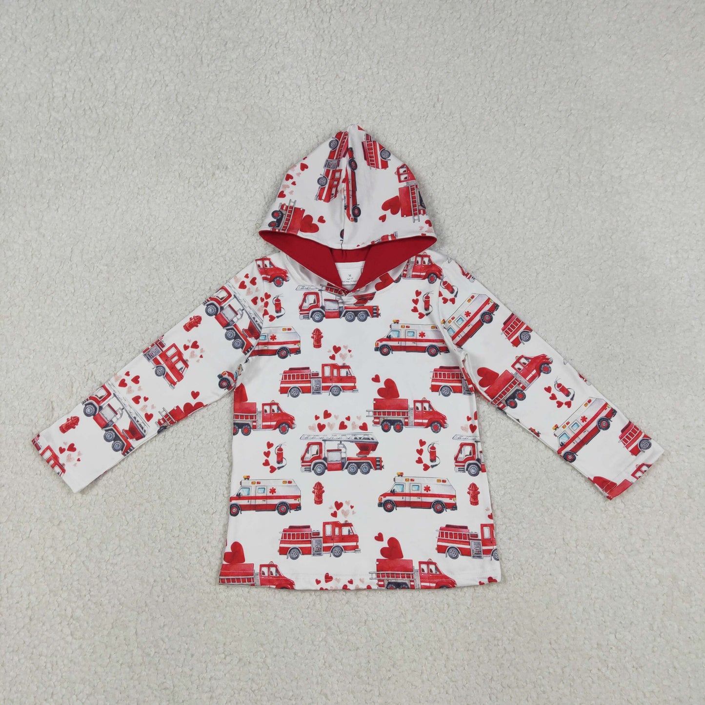 12.6 RTS NO MOQ (In stock)BT1512 Baby Boys Hearts Fire Trucks Valentines Hoodies Top