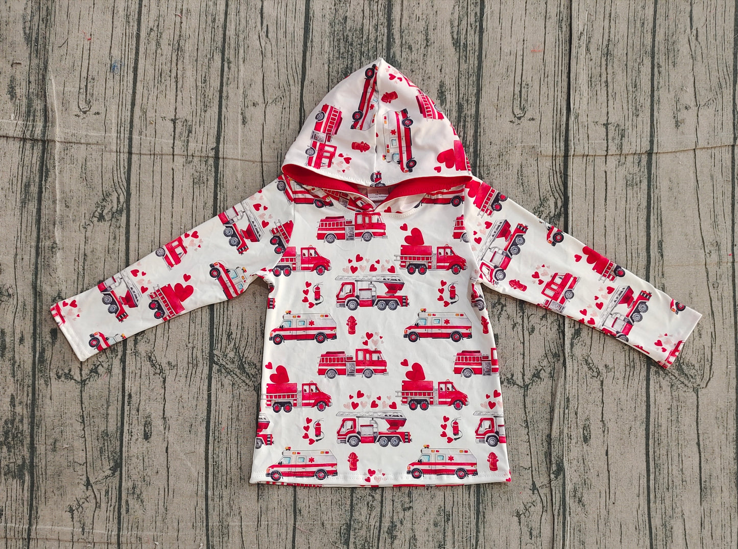 11.20 BT1512 Sample No Moq Baby Boys Red Hearts Fire Trucks Valentine Hoodies Top