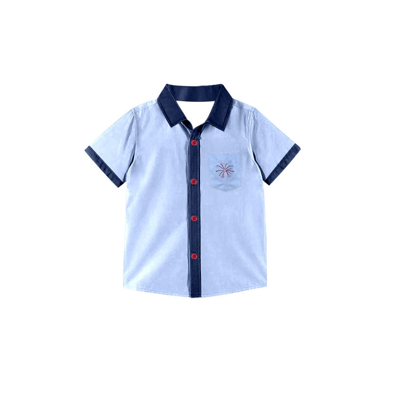 11.8 BT1542 Pre order No Moq Baby Boys Blue Short Sleeve Fireworks Pocket Button July 4th Shirts Top