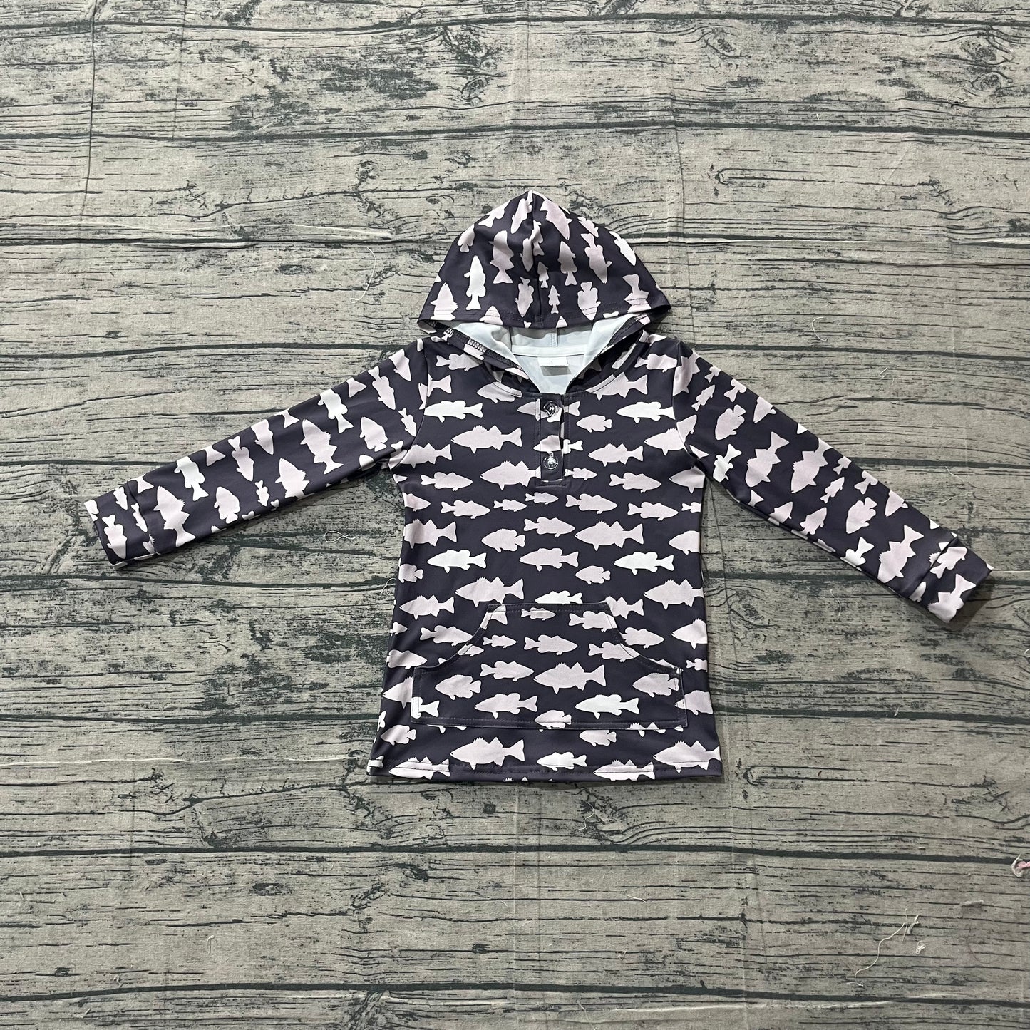 3.18 BT1545 Sample No Moq Baby Boys Fashion Black Fishes Plaid Button Pockets Hunting Hoodies Top