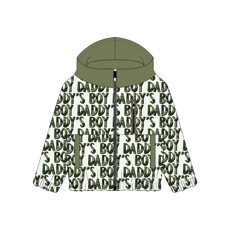 11.18 BT1569 Pre order No Moq Baby Boys Green Daddy's Boy Pockets Zipper Hoodie Jackets Top