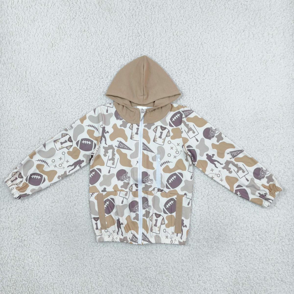 RTS NO MOQ (In stock)milk silk BT1570 Baby Boys Long Sleeve Khaki Camo Football Hunting Full Zip Hooded Outerwear With Pockets