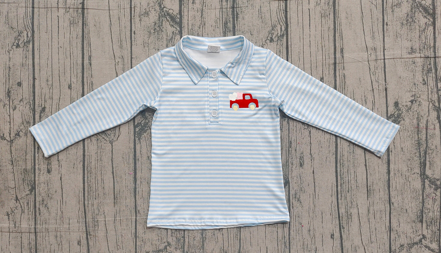 12.8 BT1573 Sample No Moq Embroidery Heart Trucks Baby Boys Blue Stripe Valentines Button Polo Shirts Top
