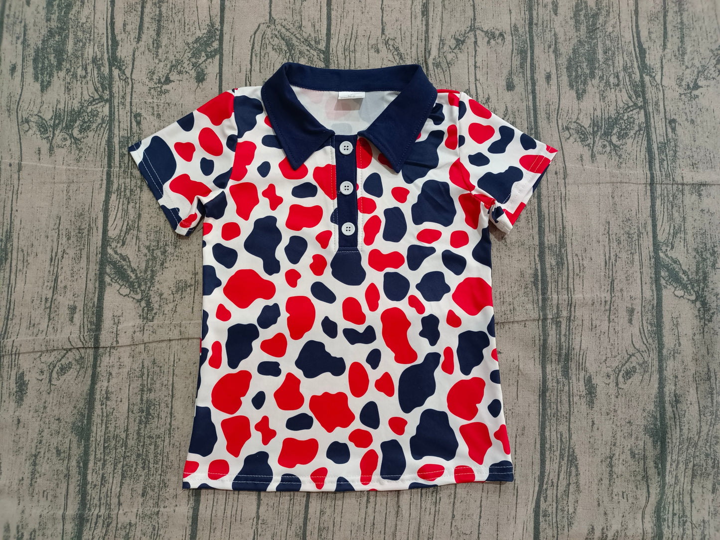 1.5 BT1657 Sample No Moq Baby Boys Red Blue Cow Print Button 4th of July Polo Shirts Top