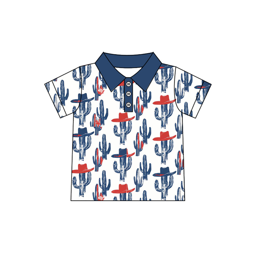 1.5 BT1683 Pre order No Moq Baby Boys Short Sleeve Cactus Hats Western Button Polo Shirts Top