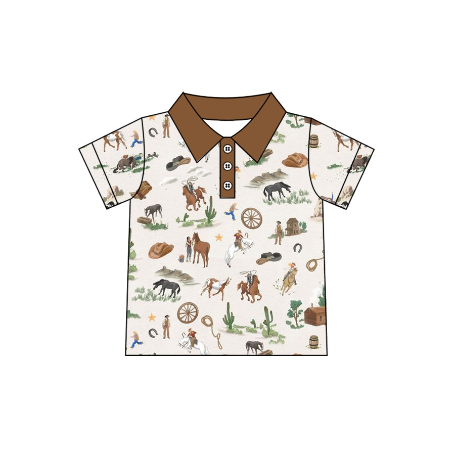 1.5 BT1684 Pre order No Moq Baby Boys Short Sleeve Horse Rodeos Cactus Western Button Polo Shirts Top