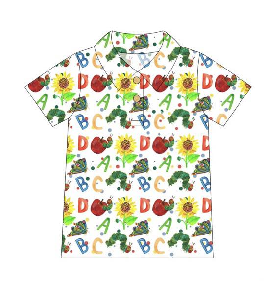 1.5 BT1688 Pre order No Moq Baby Boys Short Sleeve Apples ABC Back to School Button Polo Shirts Top