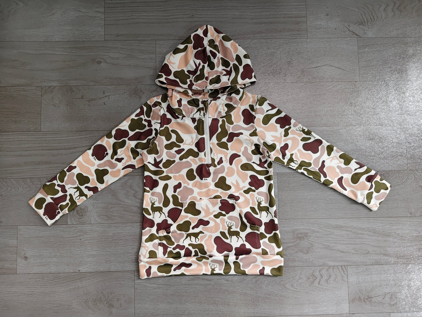 BT1852 Sample No Moq Baby Boys Deer Dogs Ducks Camo Hunting Zip Pocket Hoodies Top