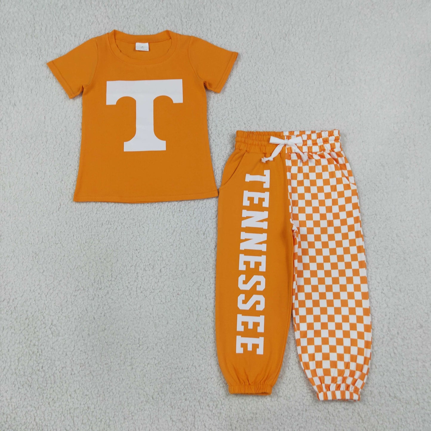 NEW RTS NO MOQ milk silk BSPO0695(BT1881+P1058) Baby Boys Orange Print T Shirt Top With Pockets Matching Joggers Team Clothes Set