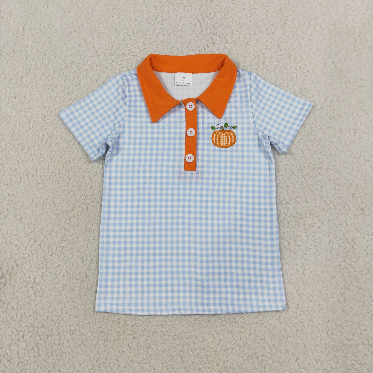RTS NO MOQ (In stock)milk silk BT1891 Embroidery Pumpkin Baby Boys Blue Checked Fall Button Polo Shirts Top