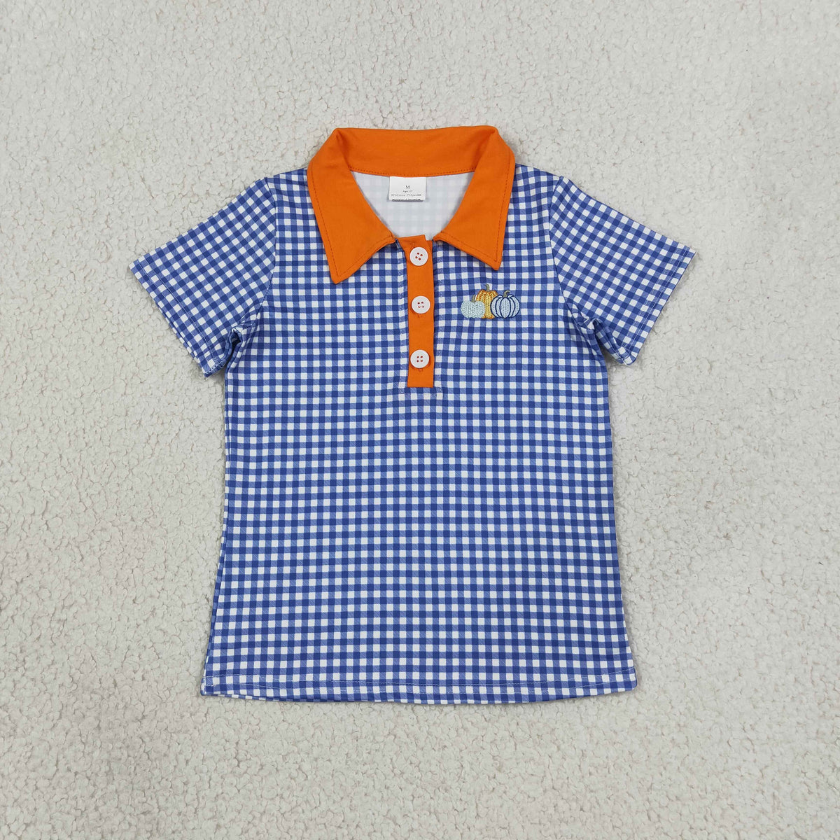 RTS NO MOQ (In stock)milk silk BT1892 Embroidery Pumpkins Baby Boys Hot Blue Checked Fall Button Polo Shirts Top