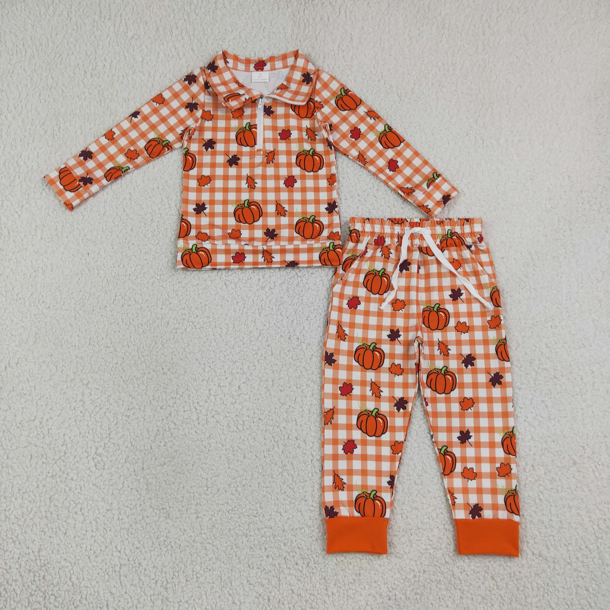 RTS NO MOQ (In stock)milk silk BLP1574(BT1895+P1198)Baby Boys Pumpkins Checked Print Half Zip Collar Long Sleeve Top Jogger Pant Set Casual Holiday Wear