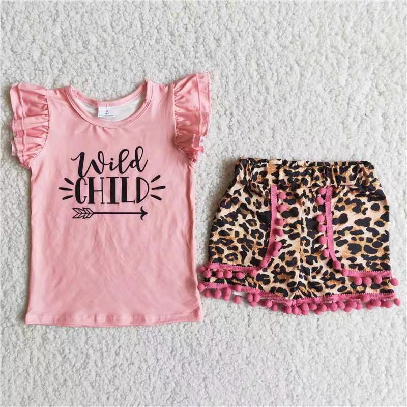 7.05 C3-3 Baby Girls Summer Outfits Pink pompom leopard Shorts sets