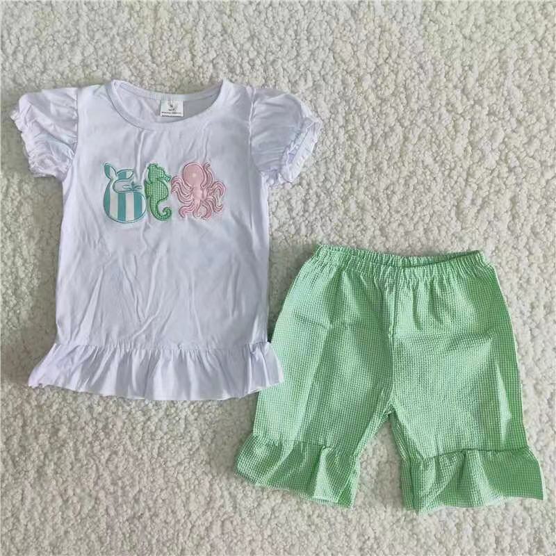 7.05 C6-21 Baby Girls Summer Outfits Baby Girls Whale Octopus Shirt Summer Checkered Shorts Sets