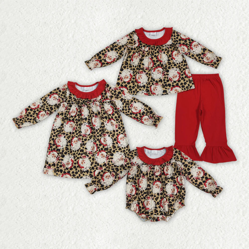 10.3 RTS Sibling Baby Girls Christmas Leopard Santa Rompers Dresses Outfits