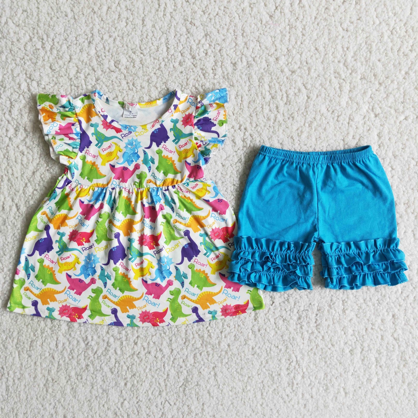 D11-27 Sales New RTS NO MOQ Clearance Colorful dinosaur ruffles shorts set