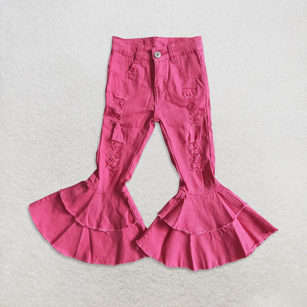USA Warehouse (IN STOCK) Girls Distressed Ruffle Bell Bottom Denim Pants Light Tassels Detailing Bell Bottom Jeans for Kids