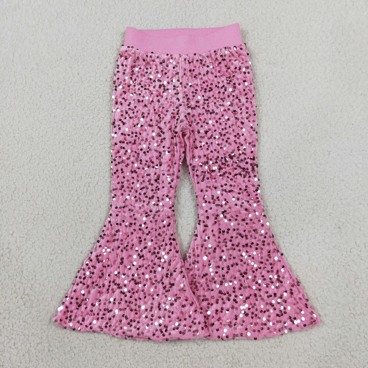 RTS NO MOQ (In stock)milk silk D5-27 Baby Girls Pink Sequin Bell Bottom Pants