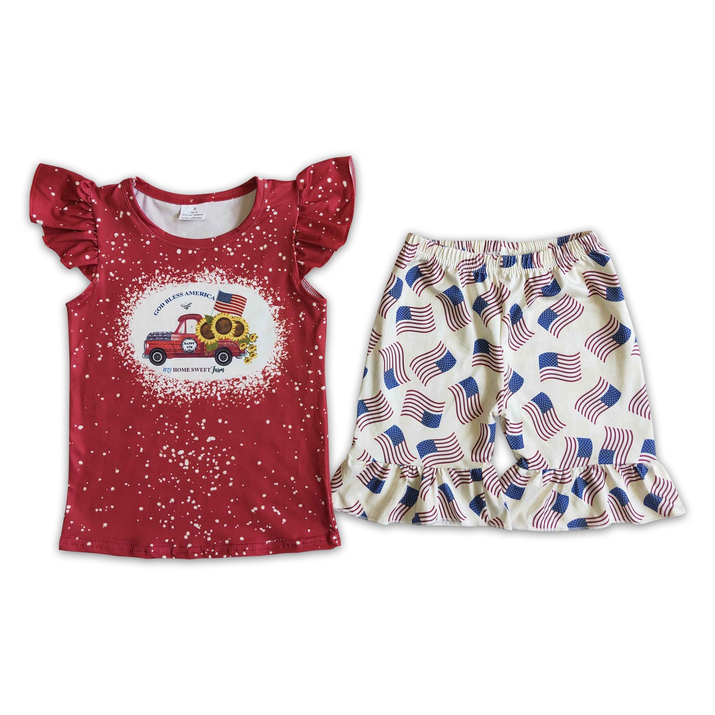 4.10 D9-19 Sunflower flag tractor kids girls 4th of july clothing