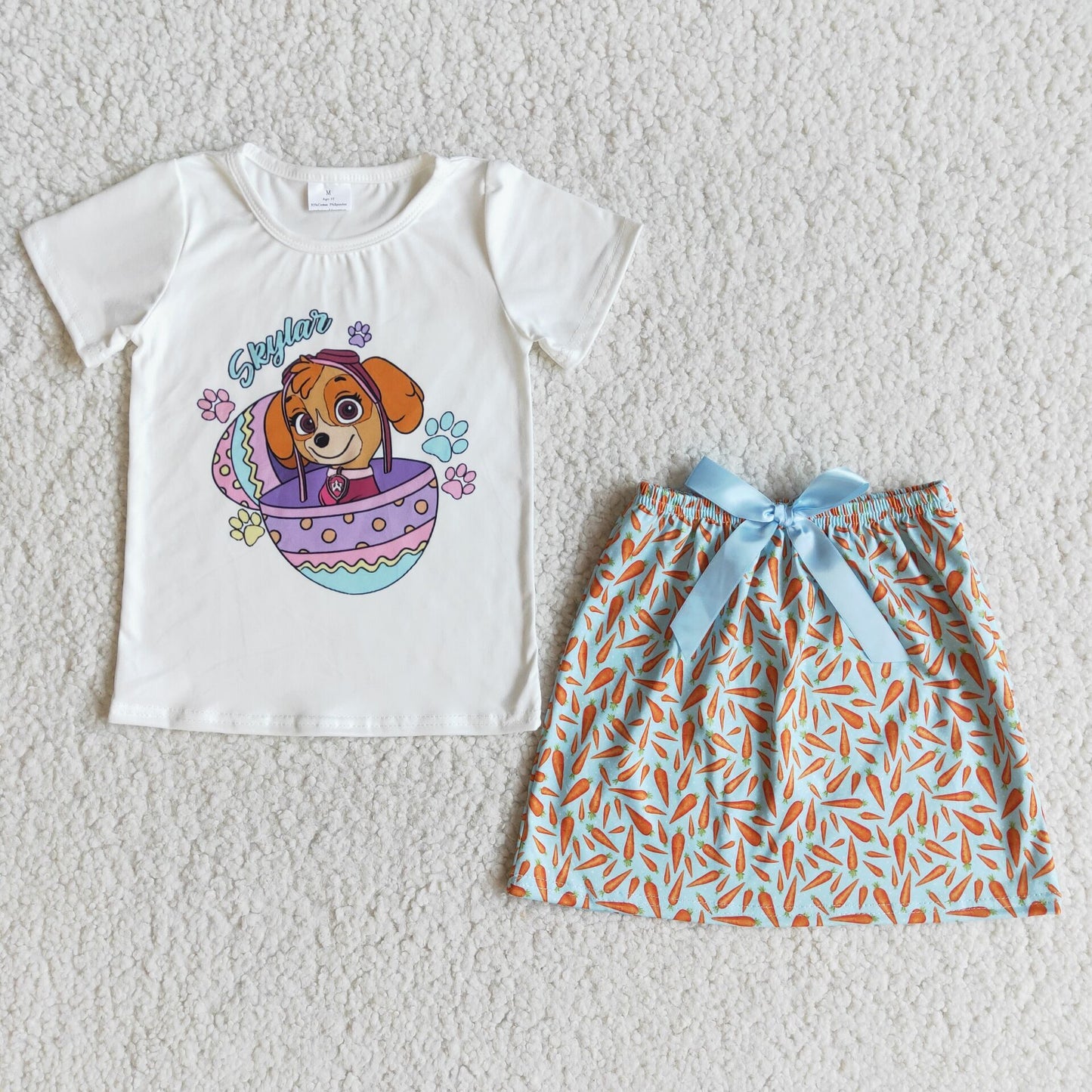 E10-1Egg dog print short sleeve shirt skirt baby girls easter outfits