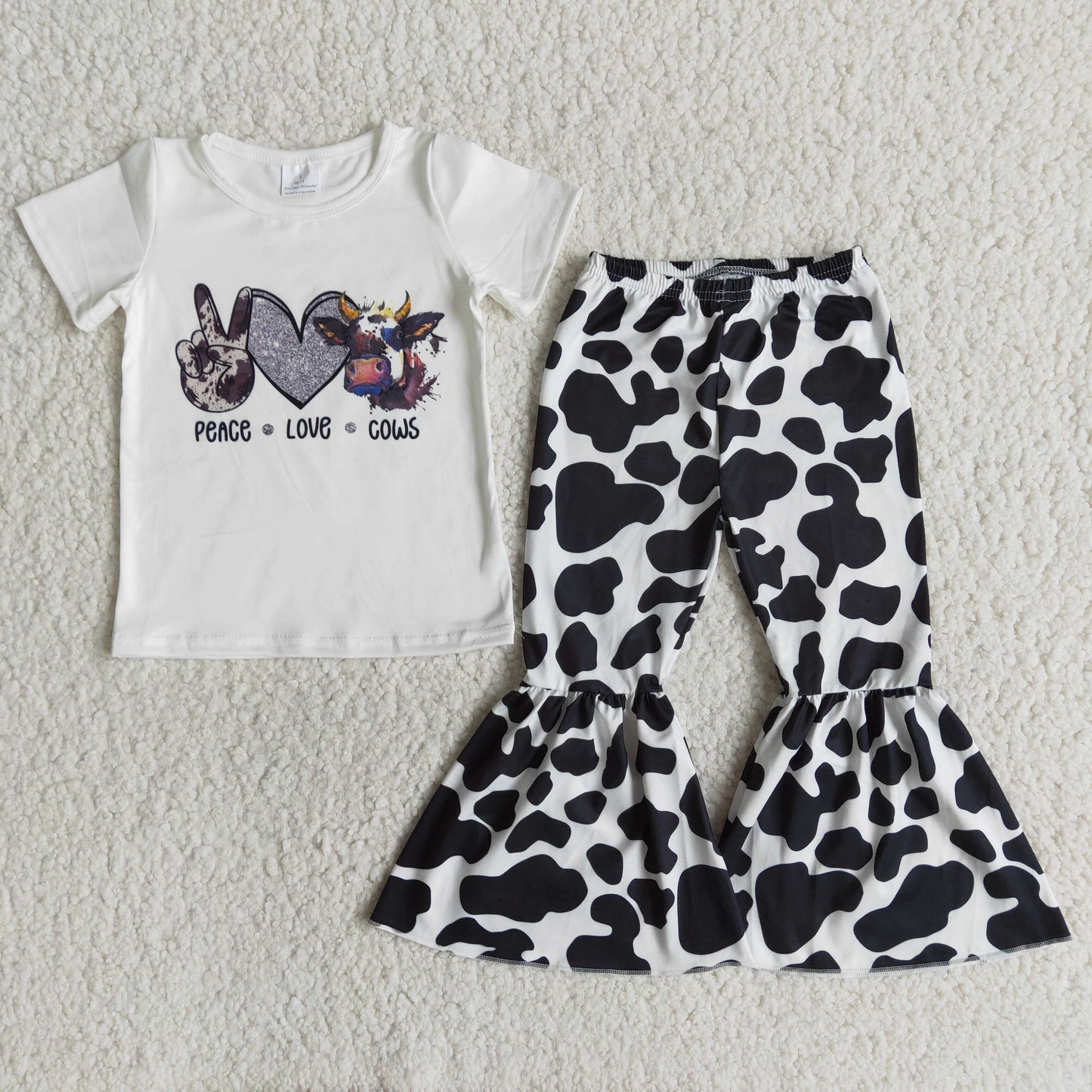 E12-26 Sales New RTS NO MOQ Clearance Peace love cows white shirt bell bottom pants girls children outfits