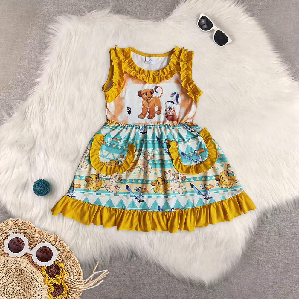 8.02 RTS Sibling Flutter sleeve bow lion print bay girls summer romper dress