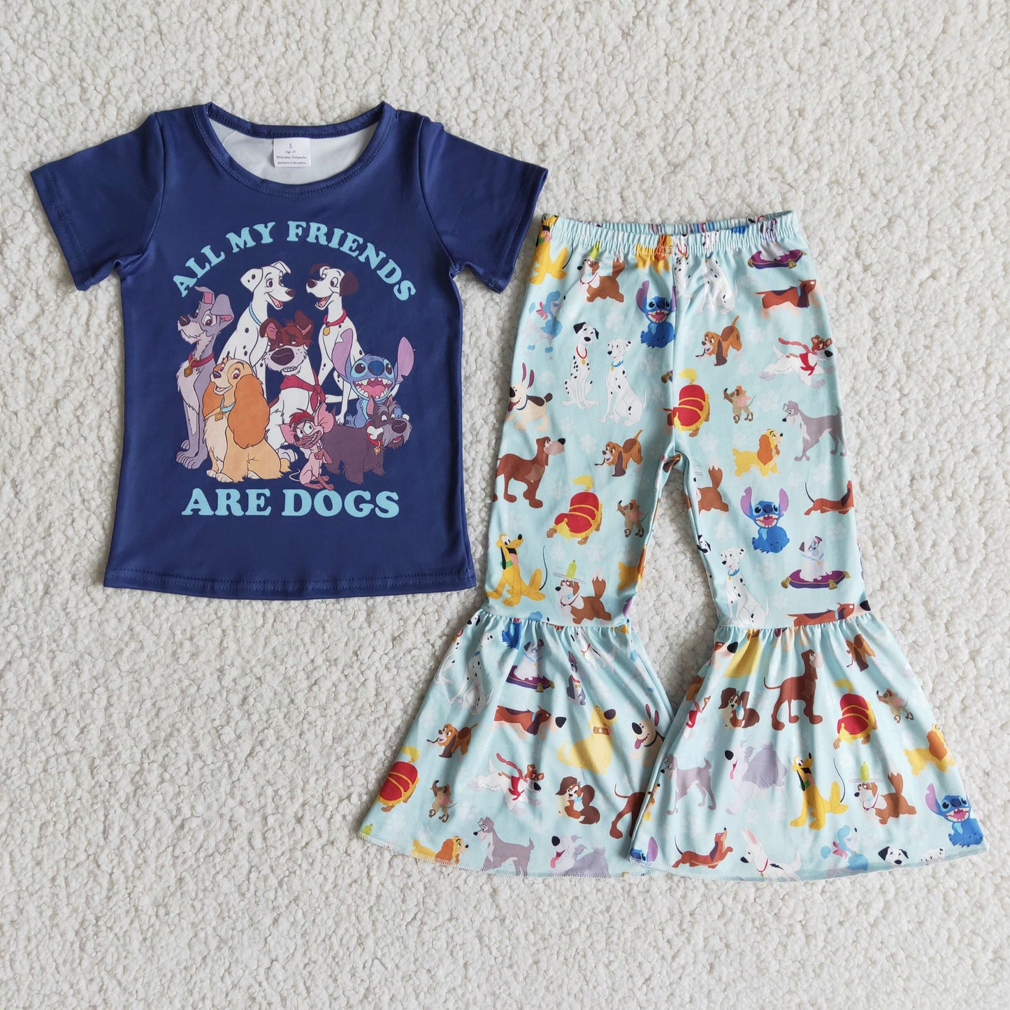 3.14 E7-18 RTS No Moq Clearance Baby Girls Summer dogs blue shirt bell bottom pants