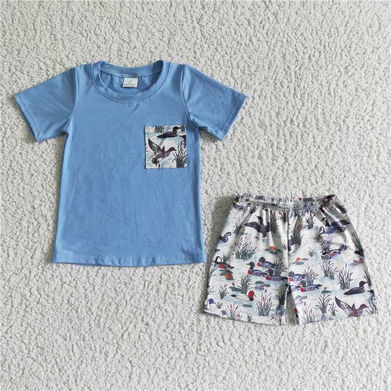 6.13 E8-15 RTS NO MOQ Baby Boys Summer Boys Outfits Blue cotton short sleeve shirt duck print shorts boy summer outfits