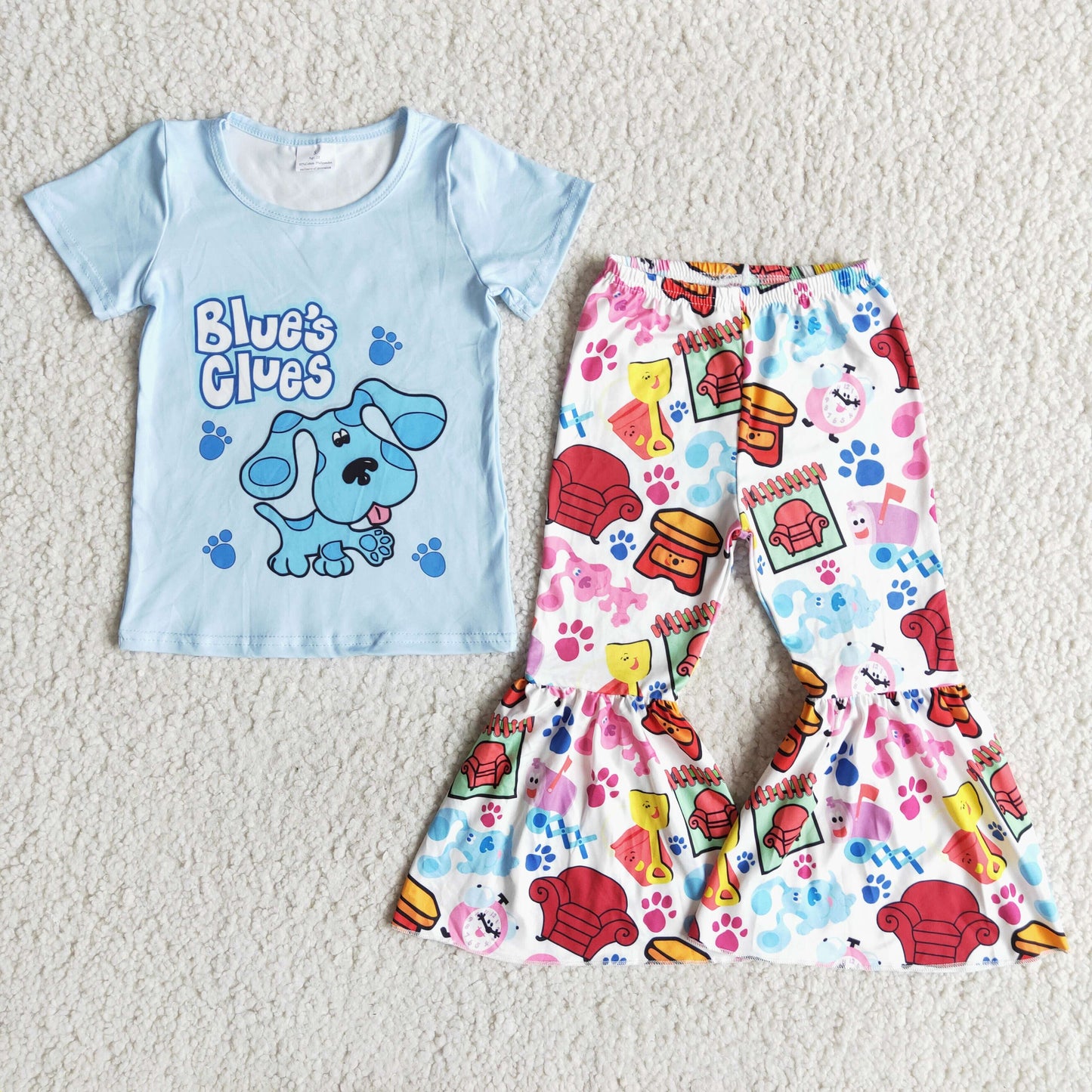 3.14 E8-5 RTS No Moq Clearance Baby Girls Summer Short sleeve blue dog bell bottom pants