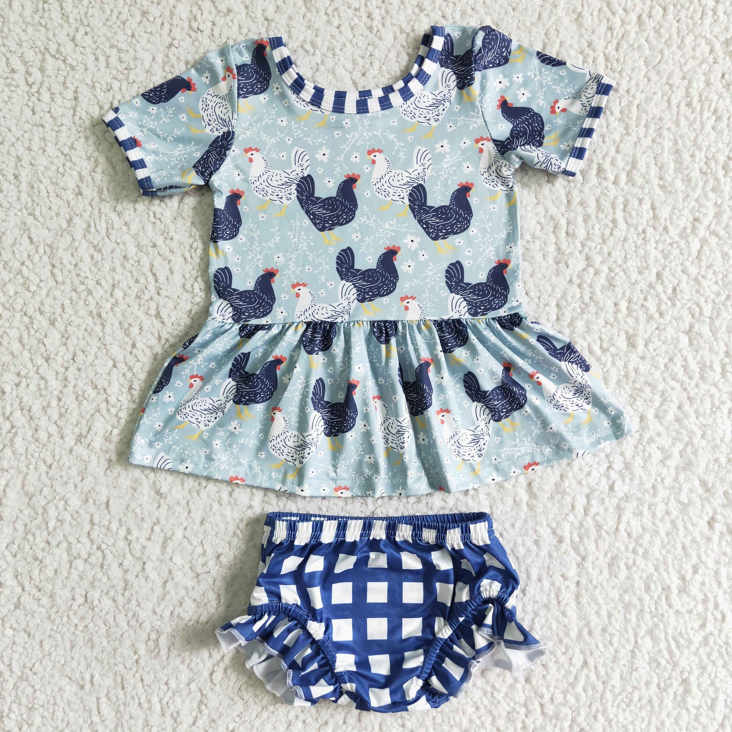 3.21 GBO0049 RTS No Moq Promotion Baby Girls Short Sleeve Blue chicken bummie sets