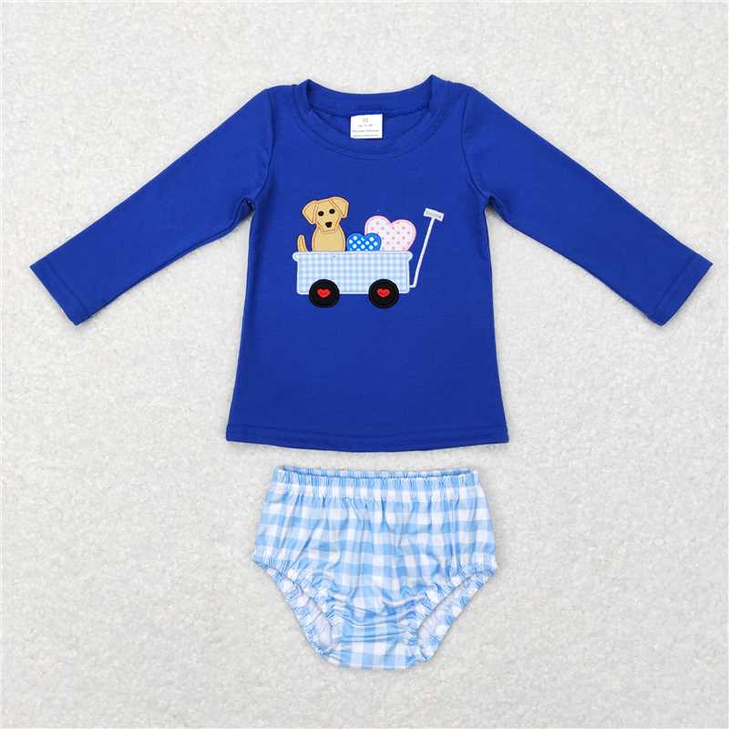 4.11 RTS NO MOQ Blue Dog Heart Top Plaid Pants Girls Boys Valentine's Day Outfit