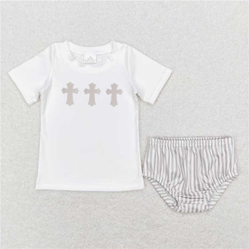 6.16 RTS NO MOQ White cross top khaki stripe bummies baby boy easter set rompers dress