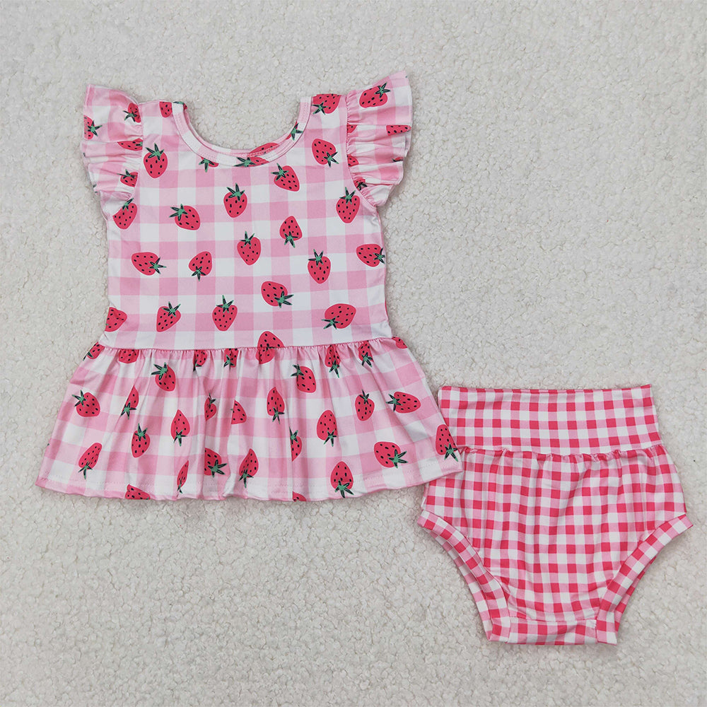 4.08 GBO0264 RTS NO MOQ Baby Girls Strawberry Pink Gingham Bummie Set