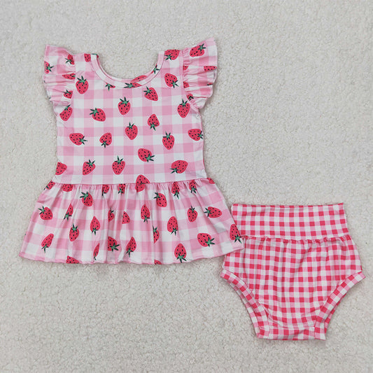 4.08 GBO0264 RTS NO MOQ Baby Girls Strawberry Pink Gingham Bummie Set