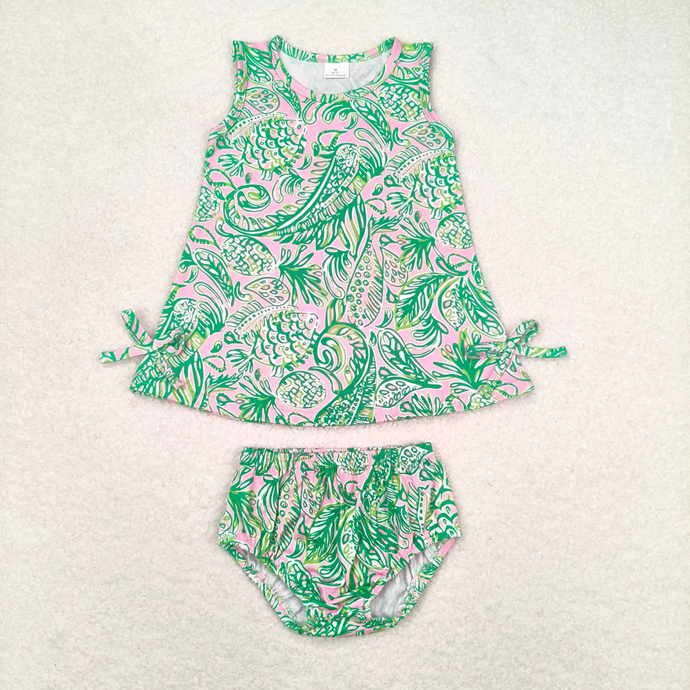 GBO0343 New Rts No Moq 8-9 Days By Air Arrived it Sleeveless green pink watercolor baby girls bummies set