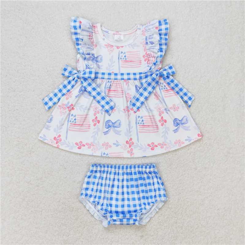 4.08 GBO0363 RTS NO MOQ Baby Girls Summer Outfits Baby Girls July 4th Flag Bow Bummie Set