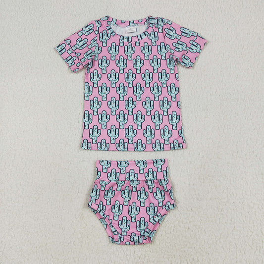 GBO0446 RTS NO MOQ Baby Girls Summer Outfits Baby Girls Pink Cactus Shirts Top Bummies Clothes Sets