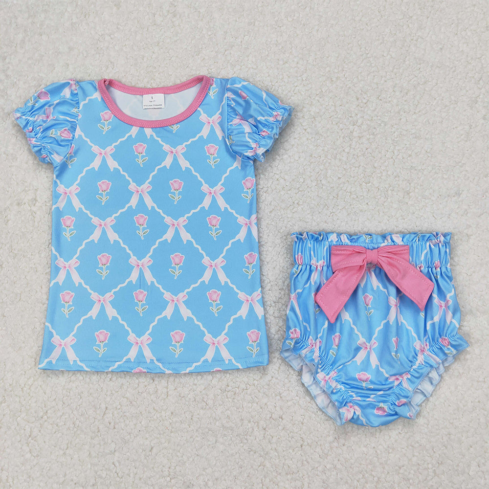 GBO0461 RTS NO MOQ Baby Girls Blue Short Ruffle Sleeves Bows Plaid Top Bummies Valentines Set