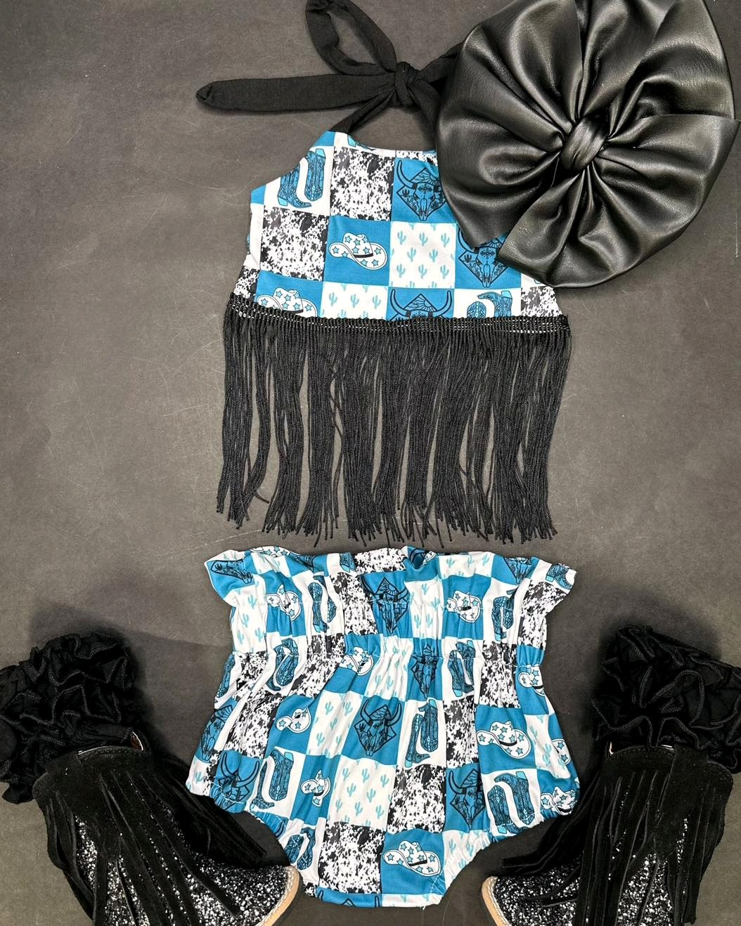GBO0462Light blue hat cactus tassels halter top bummies girls clothes