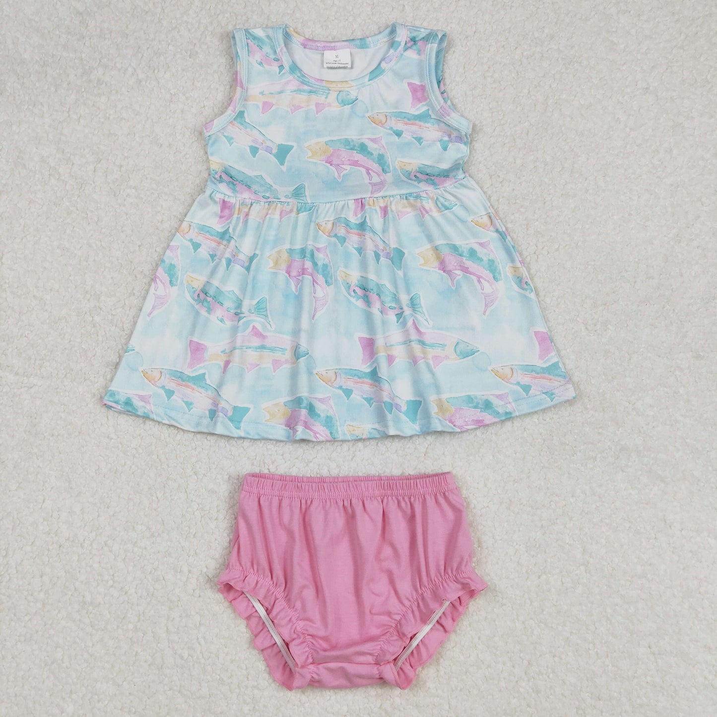 GBO0464Baby Girls Sleeveless Watercolor Fish Print Top with Bummies Cute Summer Outfit Soft Cotton Clothing Set for Infants