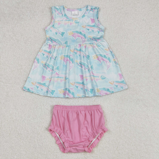 GBO0464Baby Girls Sleeveless Watercolor Fish Print Top with Bummies Cute Summer Outfit Soft Cotton Clothing Set for Infants