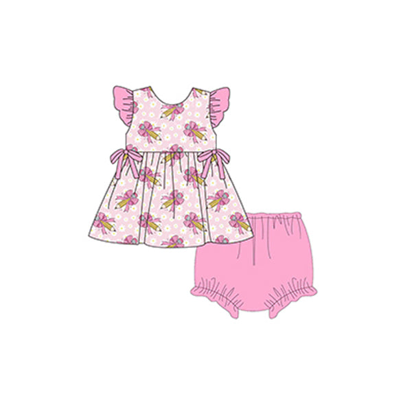 Baby Girls Pink Flowers Back-to-School Pencils Print Top Shorts Outfit Set for Kids