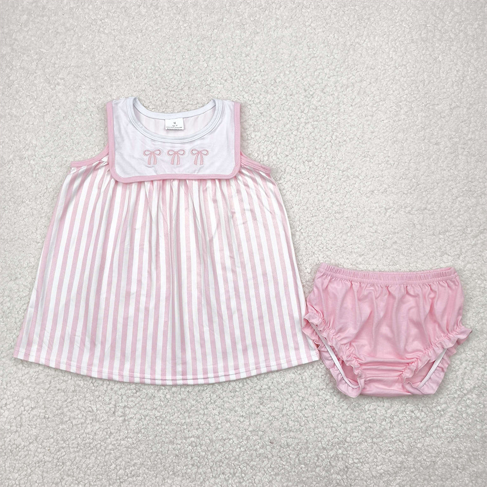 4.09 GBO0476 RTS NO MOQ Baby Girls Summer Outfits Pink bow stripe sleeveless tunic bummies girls clothes
