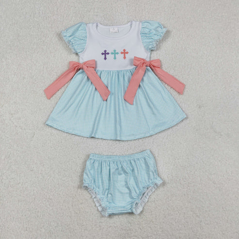 11.4 RTS Embroidery Crosses Baby Girls Bows Easter Knee Length Dresses Bummies Clothes Sets
