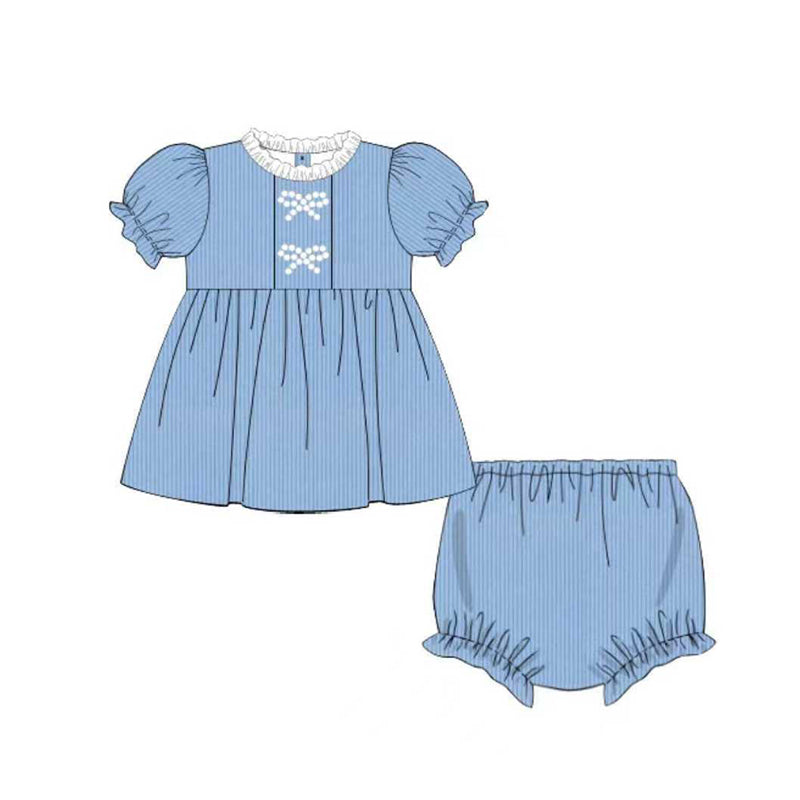 11.12 GBO0486 Pre Order No moq Baby Girls Blue Short Ruffle Sleeve Bows Tunic Bummies Clothes Sets