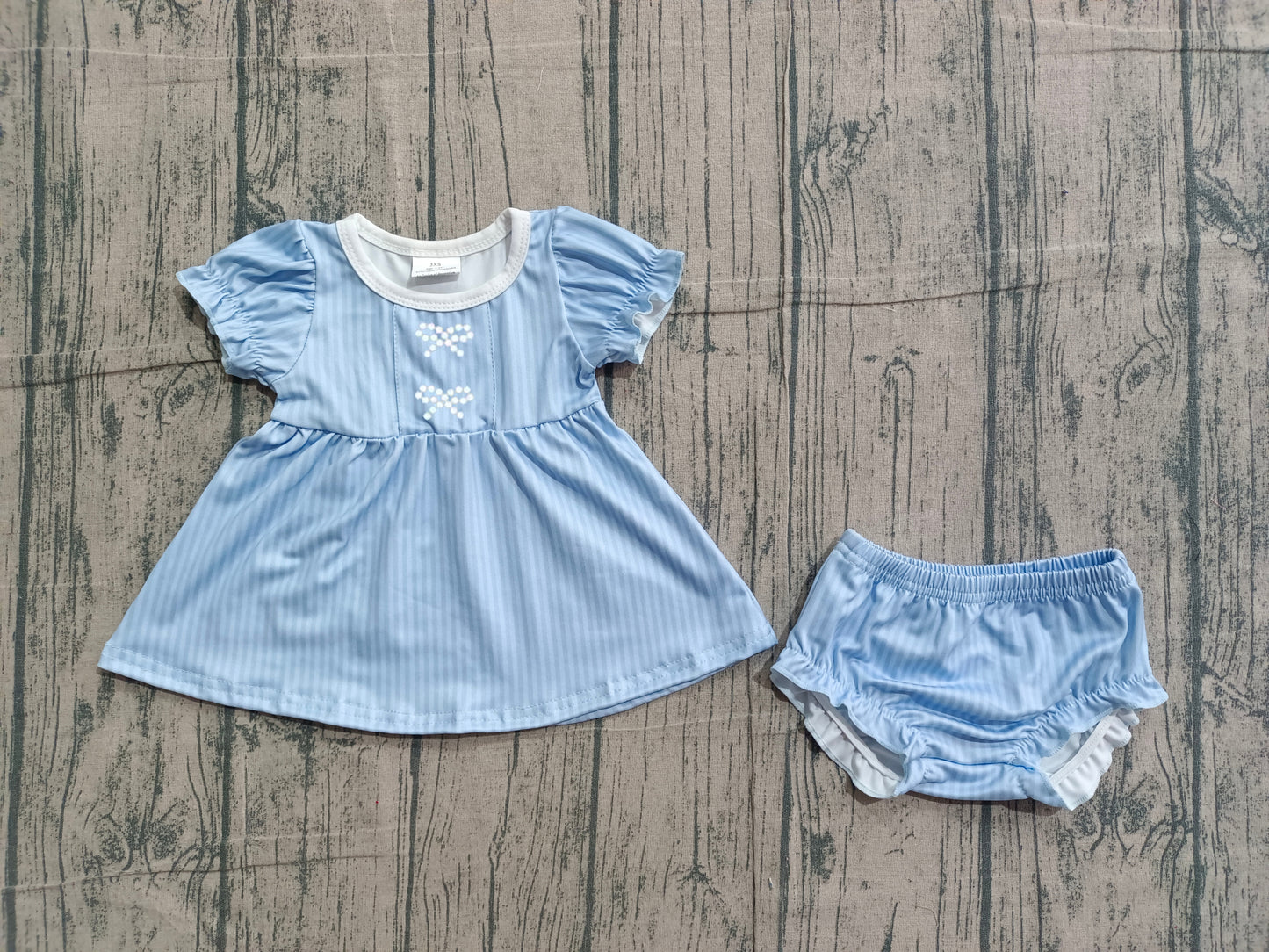 2.3 GBO0486 Sample No Moq Embroidery Bows Baby Girls Blue Stripe Tunic Bummies Clothes Sets
