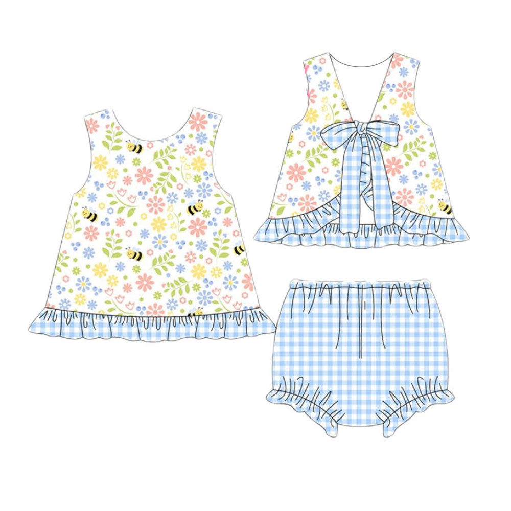 11.20 GBO0491 Pre Order No moq Baby Girls Sleeveless Floral Bee Back Bows Tunic Bummies Clothes Sets