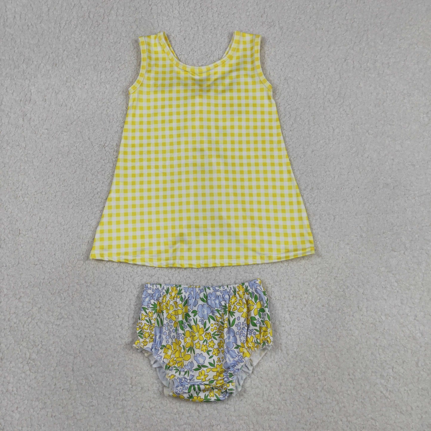 GBO0504 RTS NO MOQ (In stock)Sleeveless yellow plaid top floral bummies baby girls set