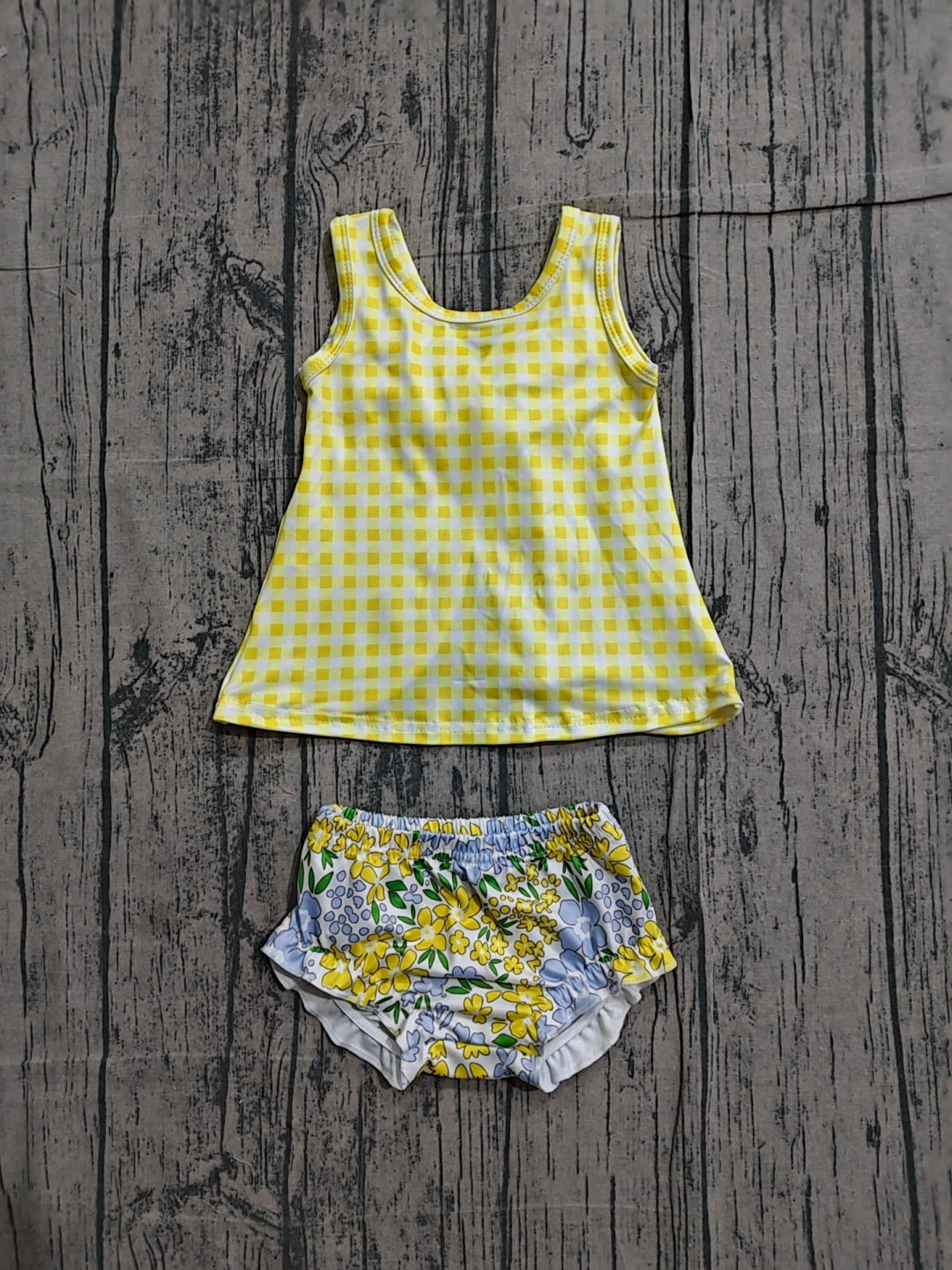 3.23 GBO0504 Sample No Moq Baby Girls Sleeveless Yellow Checked Flowers Tunic Bummies Clothes Sets